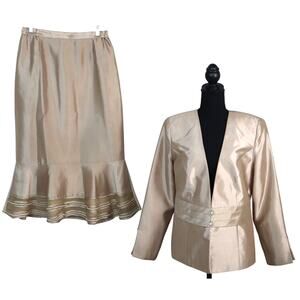 Fifth Sunday Champagne Gold Skirt Suit Set Formal Satin Rhinestone Ruffle Size 8